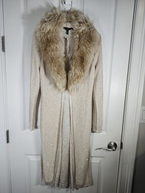 WHBM Beige Gold Sequn Long Knit  Cardigan Detachable Faux Fur Collar S XS NWT